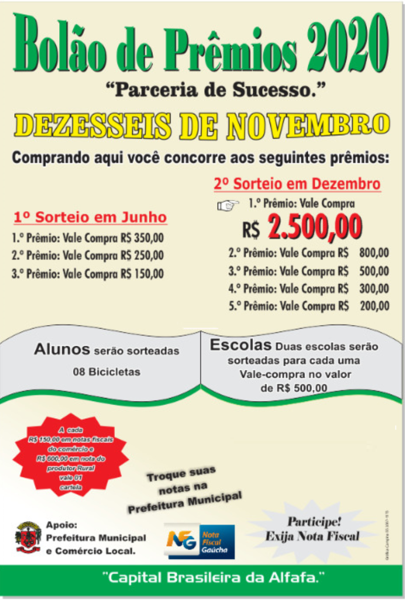 BOLÃO DE PRÊMIO 2020, CONFIRA OS GANHADORES DO 1º SORTEIO.